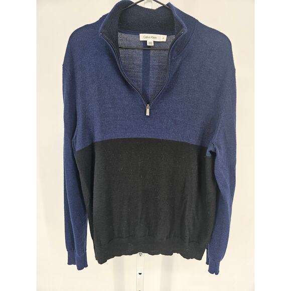 Calvin Klein Mens Sz L Wool Blend 1/4 Zip Sweater Black Blue Color Block - Picture 1 of 4